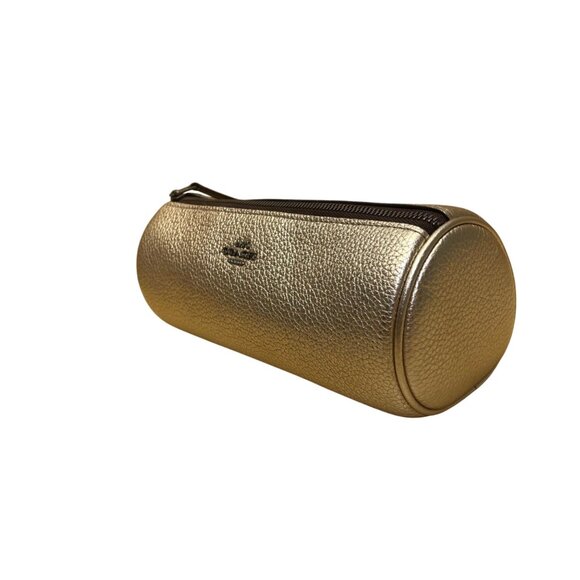 Coach Women’s Gold Metallic Leather Cylinder Zippered Makeup Bag Purse Pouch - Picture 2 of 8